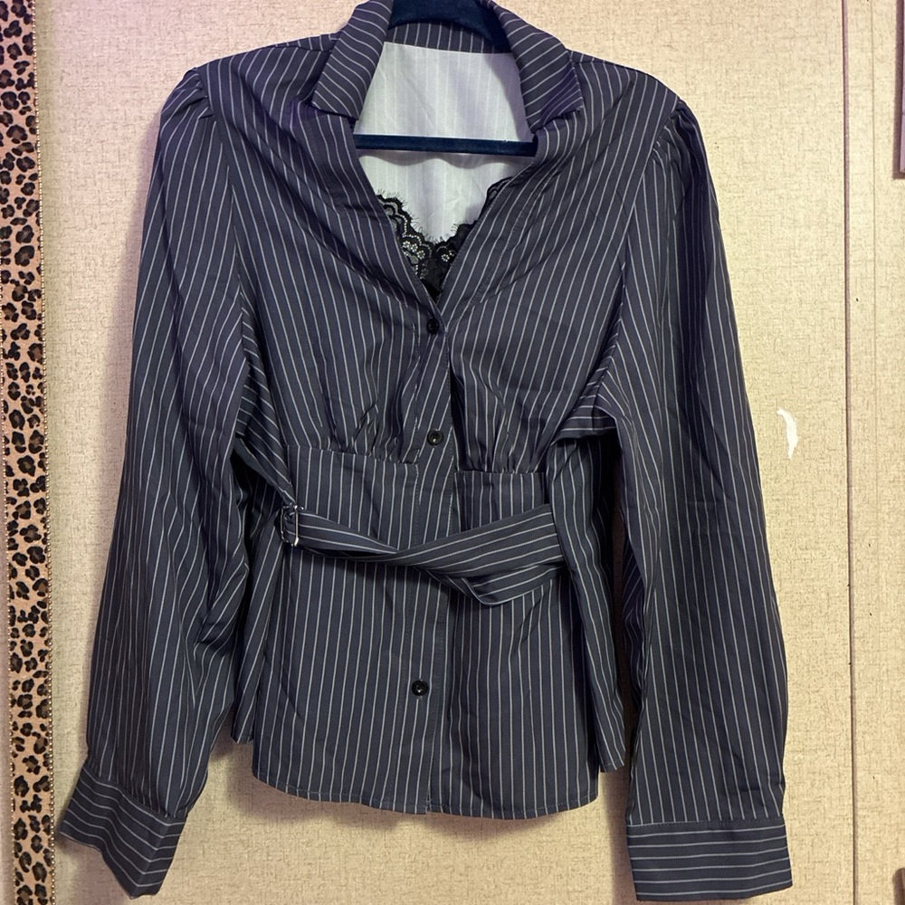 SHEIN Gray Striped Blouse with Lace Detail